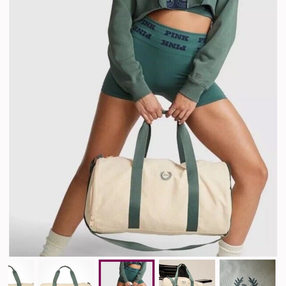 NWT PINK Victoria's Secret Cream and Green weekender Duffel Bag Adjustable Strap - Picture 3 of 13